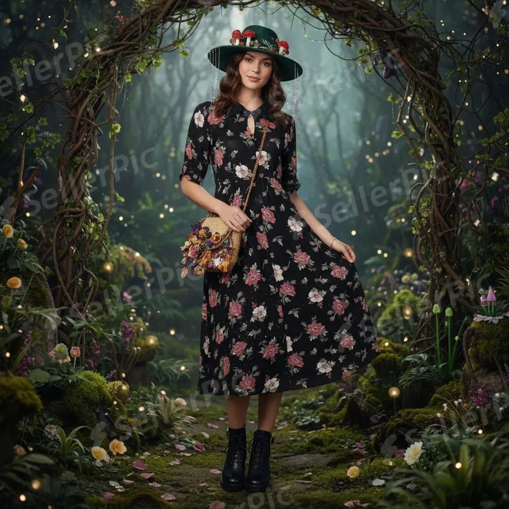 Vintage Black Floral Fairy Graden Button Front Dress